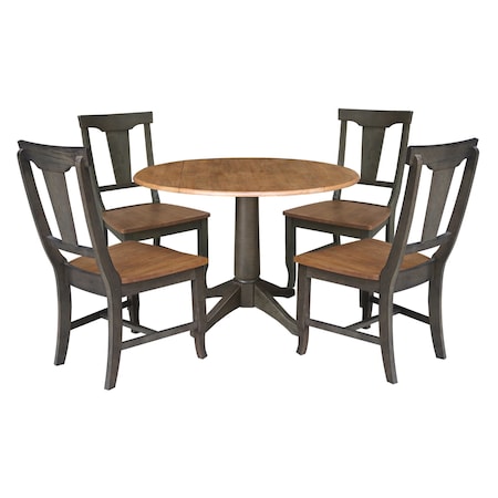 International Concepts Round Round 42 in. Dual Drop Leaf Dining Table with 4 Panel Back Chairs in Hickory/Washed Coal K45-42DPT-27B-C110-4